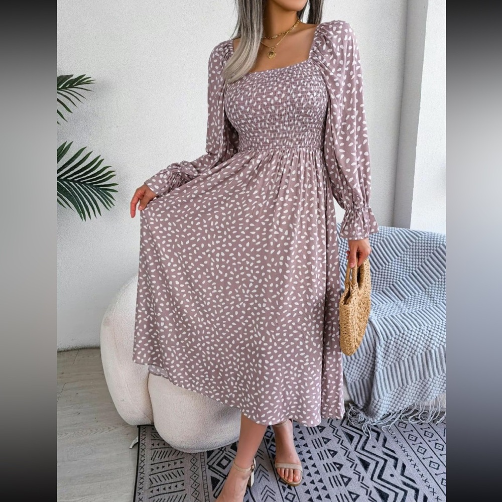 Polka Dot Pink White MIDI Dress Square Neck Flounce Sleeve Smocked Shirred Small